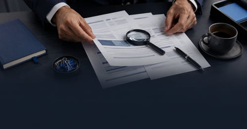 Hands reviewing a franchise disclosure document with a magnifying glass, showing due diligence before buying a franchise