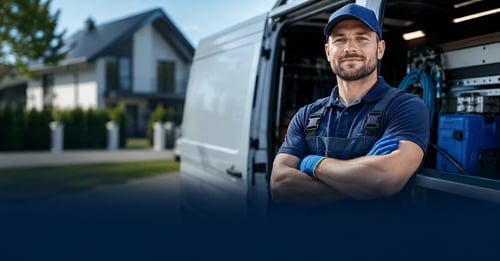 Confident service-business owner standing beside a work van, representing low-cost franchises that make a lot of money