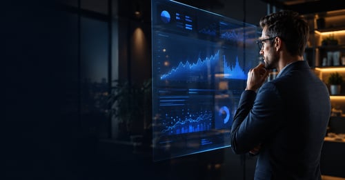 Professional analyzing business performance charts on a screen to choose the best business to buy using smart data