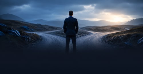 A professional standing at a crossroads, weighing the pros and cons of whether to buy a franchise