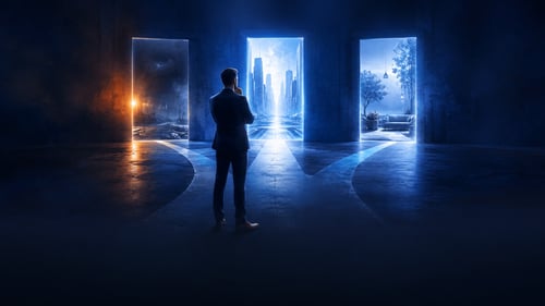 Prospective franchise owner weighing three glowing paths, representing the top franchise buying mistakes to avoid.
