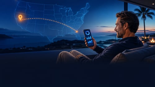 Remote franchise owner checking store metrics on a phone with a US map and distant location pin, showing passive income.