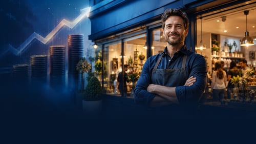 Confident franchise owner outside a busy storefront with subtle growth-arrow and coin icons, representing franchise income.